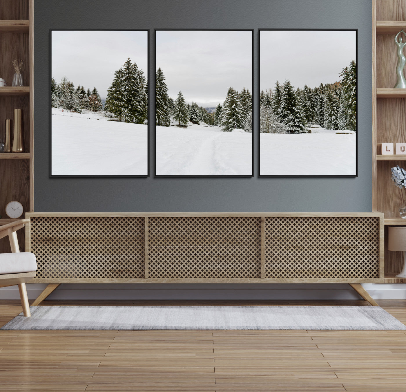 24581417-MGV-CV-36X24-Frosty Pines Wall Art Canvas Print, Silent Snowfall Print, Framed Cozy Cabin Vibes Art Print, Large Rustic Woodland Escape Printing