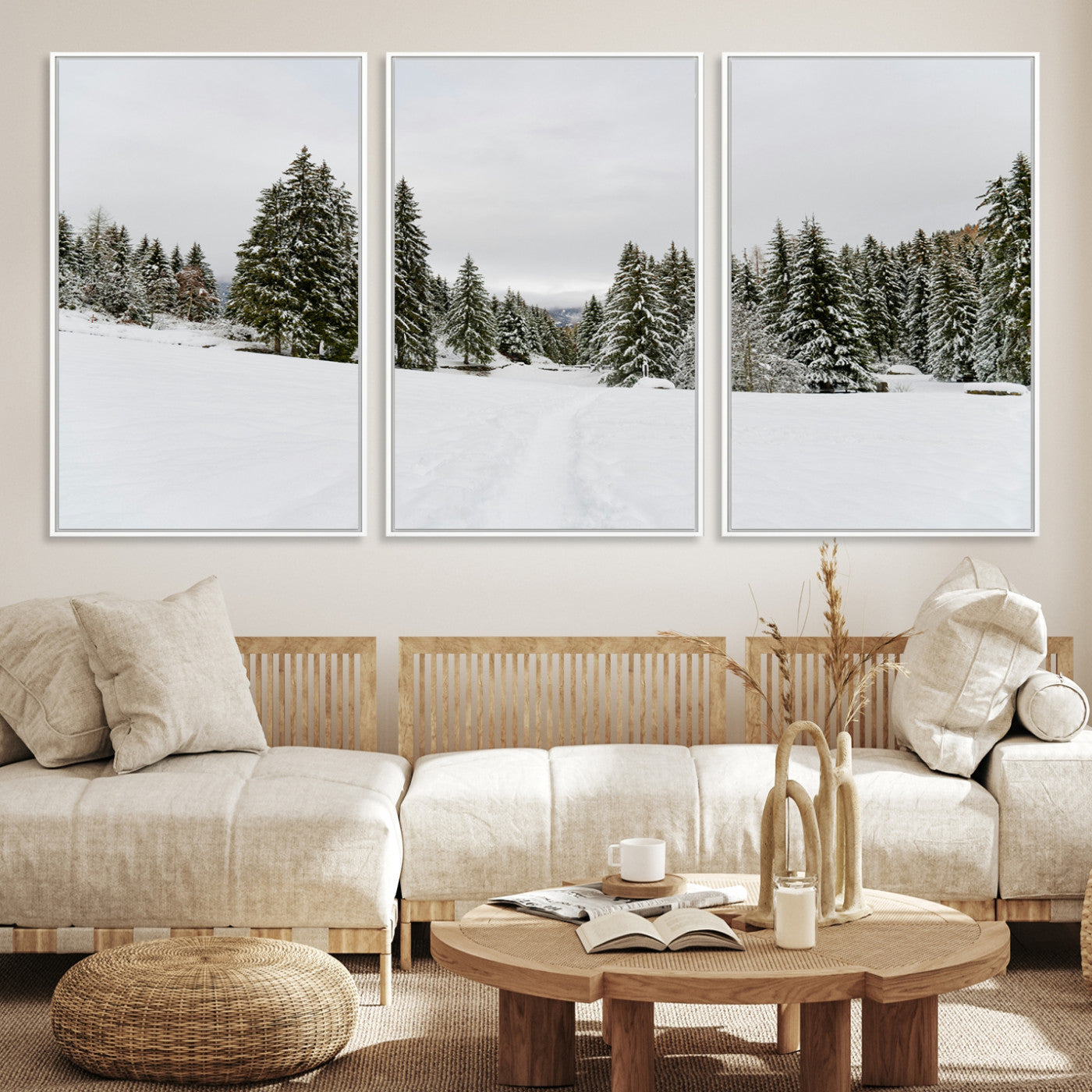 24581417-MGV-CV-36X24-Frosty Pines Wall Art Canvas Print, Silent Snowfall Print, Framed Cozy Cabin Vibes Art Print, Large Rustic Woodland Escape Printing