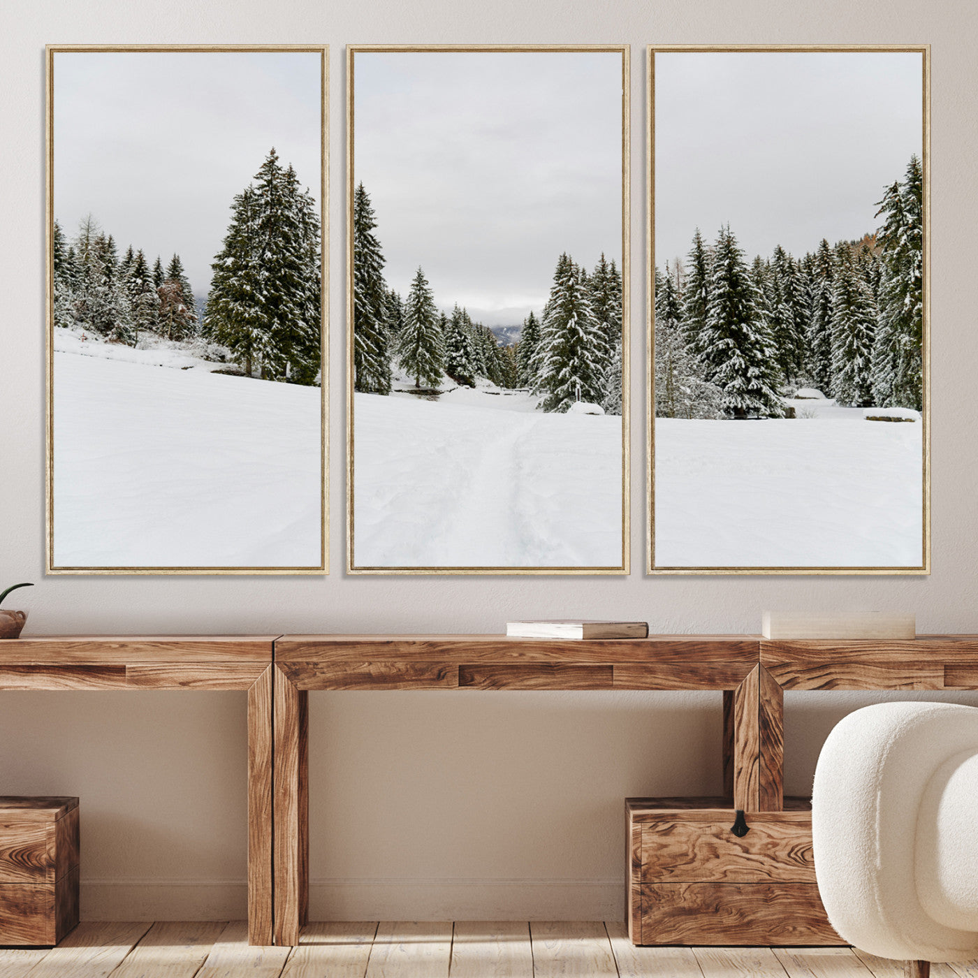 24581417-MGV-CV-36X24-Frosty Pines Wall Art Canvas Print, Silent Snowfall Print, Framed Cozy Cabin Vibes Art Print, Large Rustic Woodland Escape Printing
