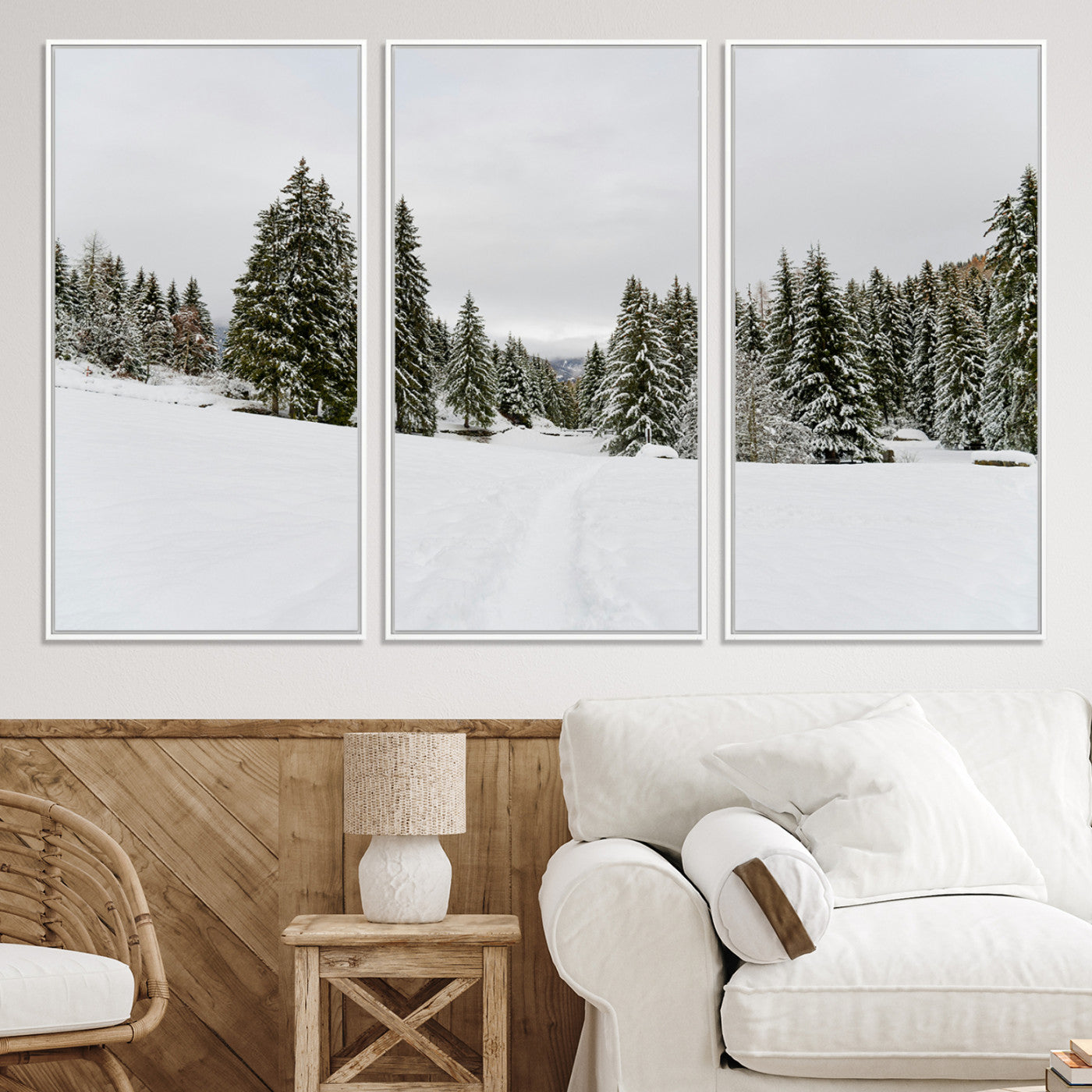 24581417-MGV-CV-36X24-Frosty Pines Wall Art Canvas Print, Silent Snowfall Print, Framed Cozy Cabin Vibes Art Print, Large Rustic Woodland Escape Printing