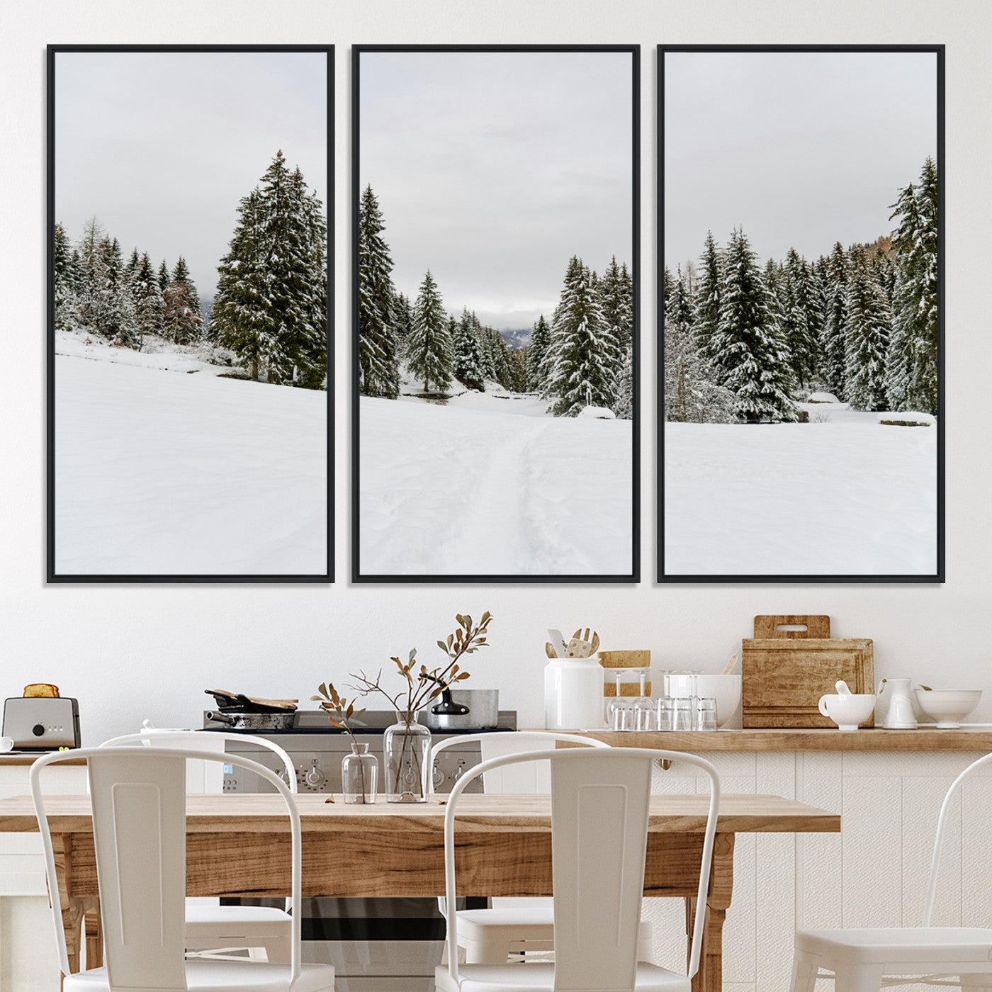 24581417-MGV-CV-36X24-Frosty Pines Wall Art Canvas Print, Silent Snowfall Print, Framed Cozy Cabin Vibes Art Print, Large Rustic Woodland Escape Printing