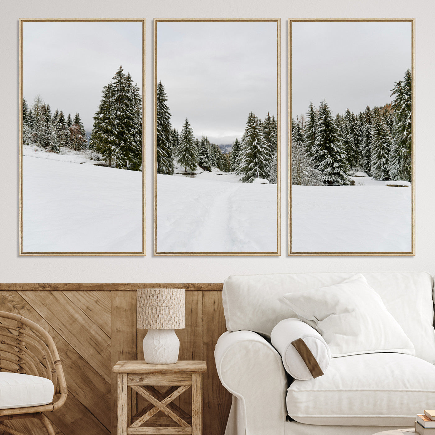 24581417-MGV-CV-36X24-Frosty Pines Wall Art Canvas Print, Silent Snowfall Print, Framed Cozy Cabin Vibes Art Print, Large Rustic Woodland Escape Printing