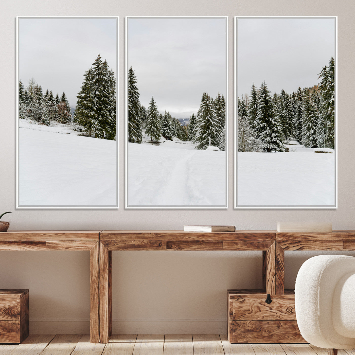 24581417-MGV-CV-36X24-Frosty Pines Wall Art Canvas Print, Silent Snowfall Print, Framed Cozy Cabin Vibes Art Print, Large Rustic Woodland Escape Printing