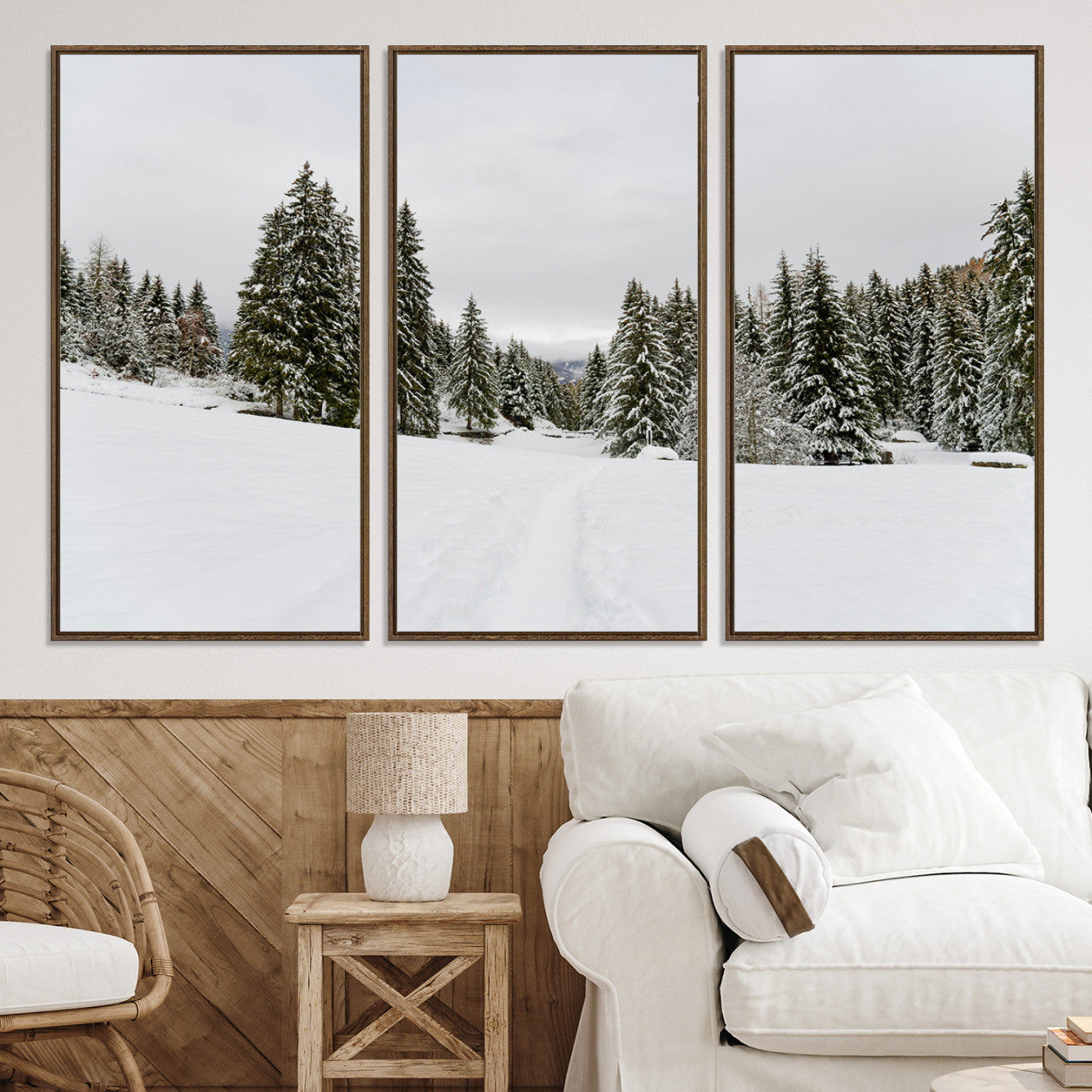 24581417-MGV-CV-36X24-Frosty Pines Wall Art Canvas Print, Silent Snowfall Print, Framed Cozy Cabin Vibes Art Print, Large Rustic Woodland Escape Printing