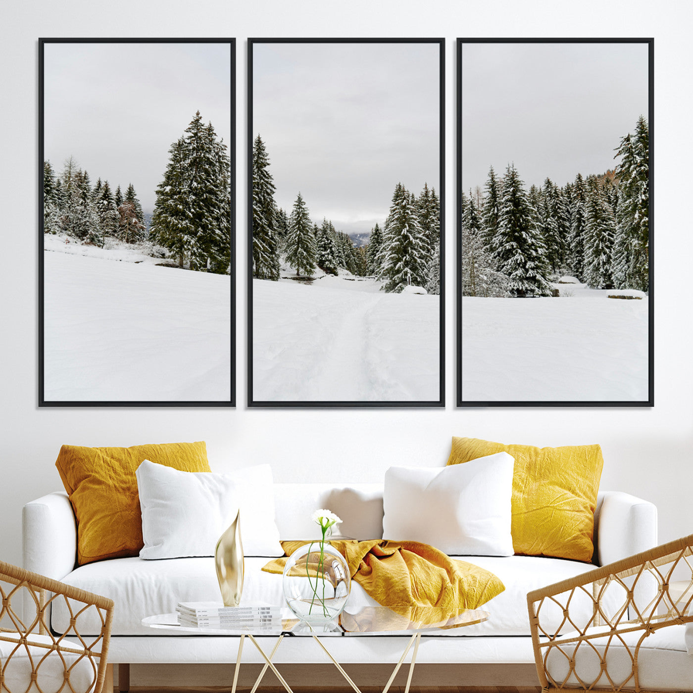 24581417-MGV-CV-36X24-Frosty Pines Wall Art Canvas Print, Silent Snowfall Print, Framed Cozy Cabin Vibes Art Print, Large Rustic Woodland Escape Printing