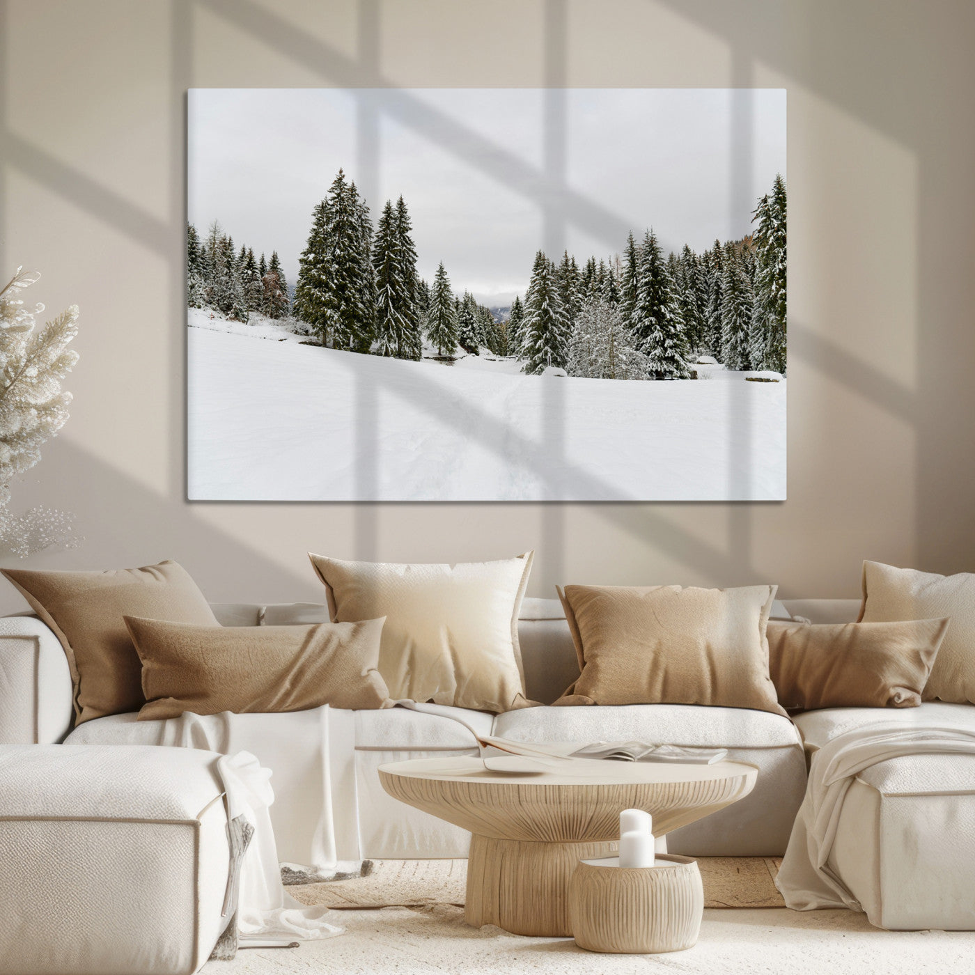 Frosty Pines Wall Art Canvas Print, Silent Snowfall Print, Framed Cozy Cabin Vibes Art Print, Large Rustic Woodland Escape Printing
