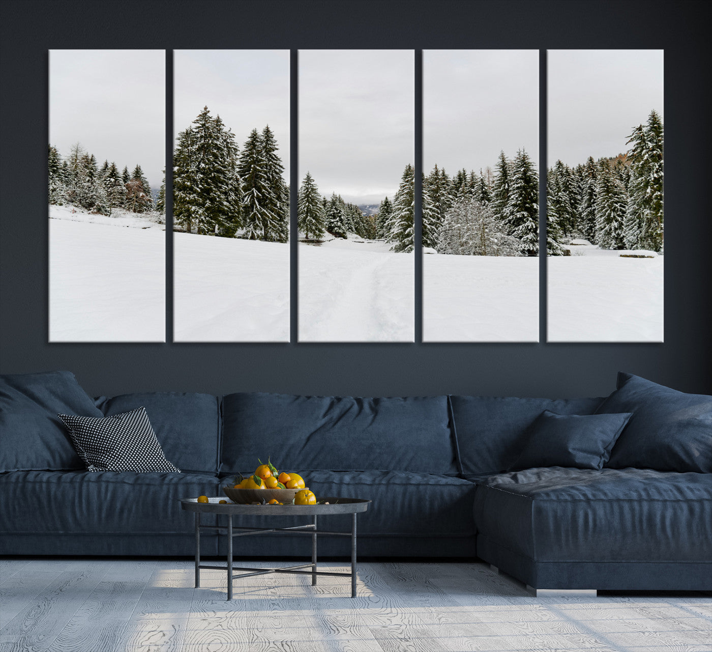 24581417-MGV-CV-36X24-Frosty Pines Wall Art Canvas Print, Silent Snowfall Print, Framed Cozy Cabin Vibes Art Print, Large Rustic Woodland Escape Printing