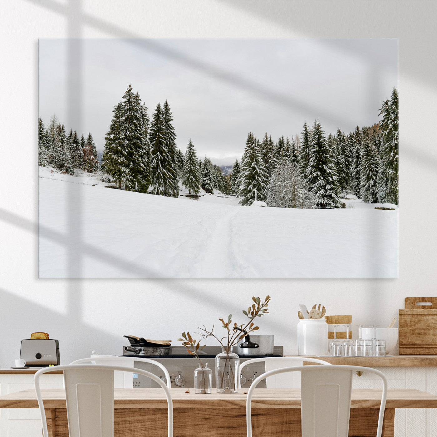 Frosty Pines Wall Art Canvas Print, Silent Snowfall Print, Framed Cozy Cabin Vibes Art Print, Large Rustic Woodland Escape Printing
