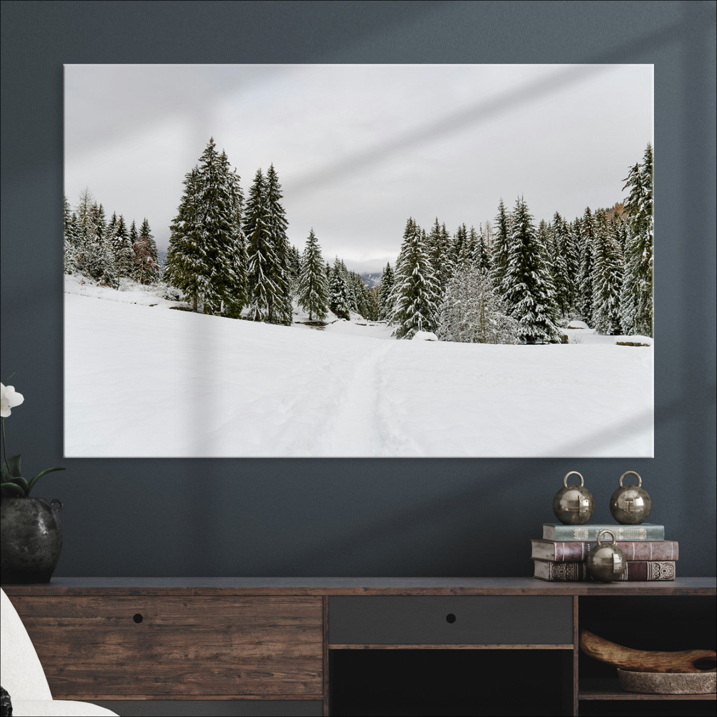Frosty Pines Wall Art Canvas Print, Silent Snowfall Print, Framed Cozy Cabin Vibes Art Print, Large Rustic Woodland Escape Printing