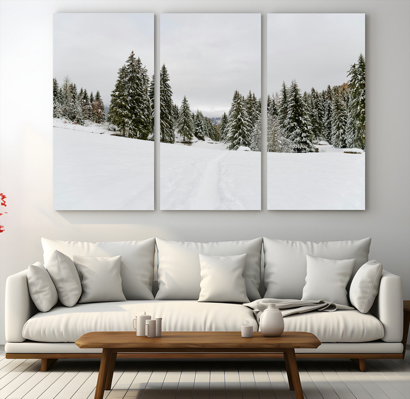 24581417-MGV-CV-48X32-3P-Frosty Pines Wall Art Canvas Print, Silent Snowfall Print, Framed Cozy Cabin Vibes Art Print, Large Rustic Woodland Escape Printing