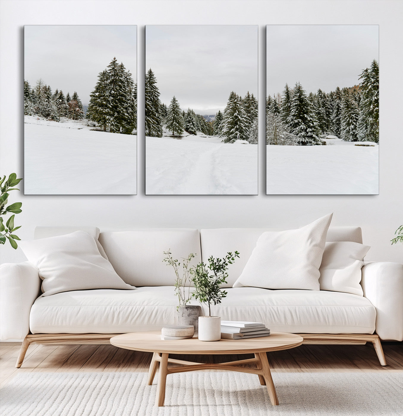 24581417-MGV-CV-60X30-3P-Frosty Pines Wall Art Canvas Print, Silent Snowfall Print, Framed Cozy Cabin Vibes Art Print, Large Rustic Woodland Escape Printing