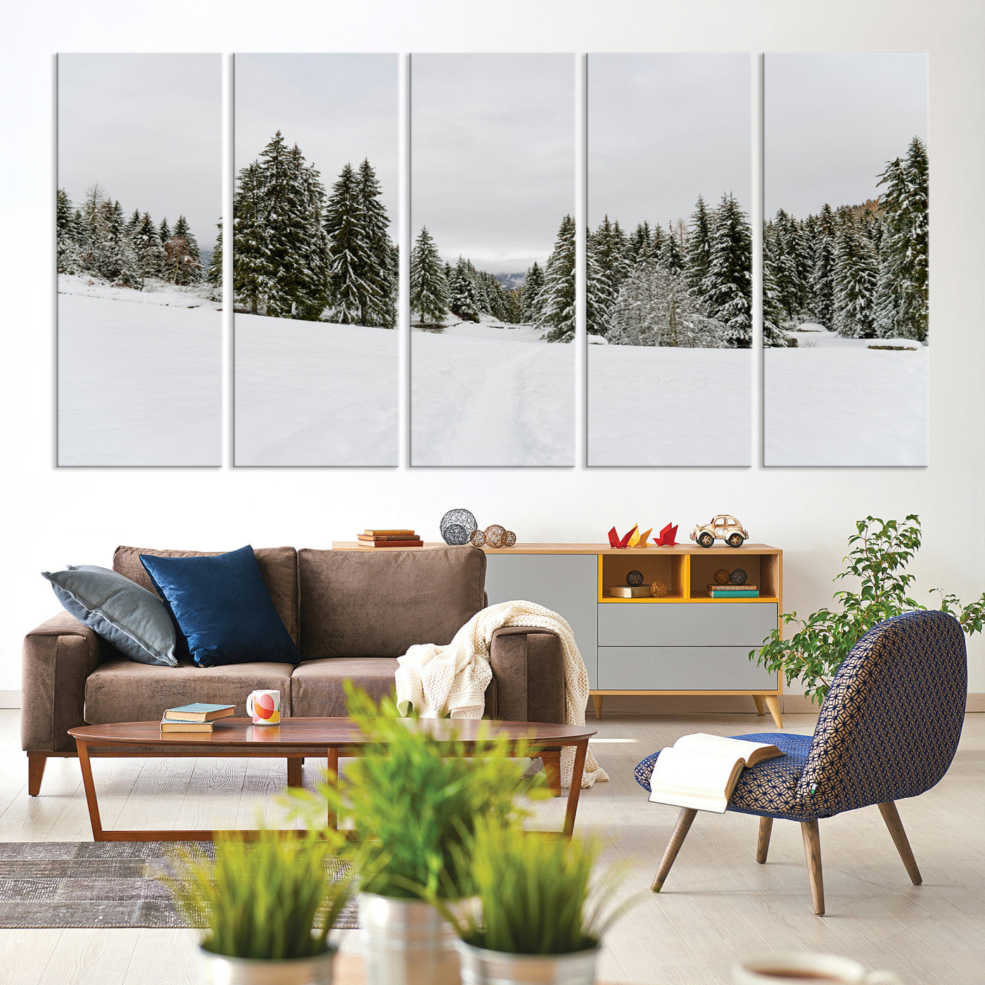 24581417-MGV-CV-60X31-5P-Frosty Pines Wall Art Canvas Print, Silent Snowfall Print, Framed Cozy Cabin Vibes Art Print, Large Rustic Woodland Escape Printing