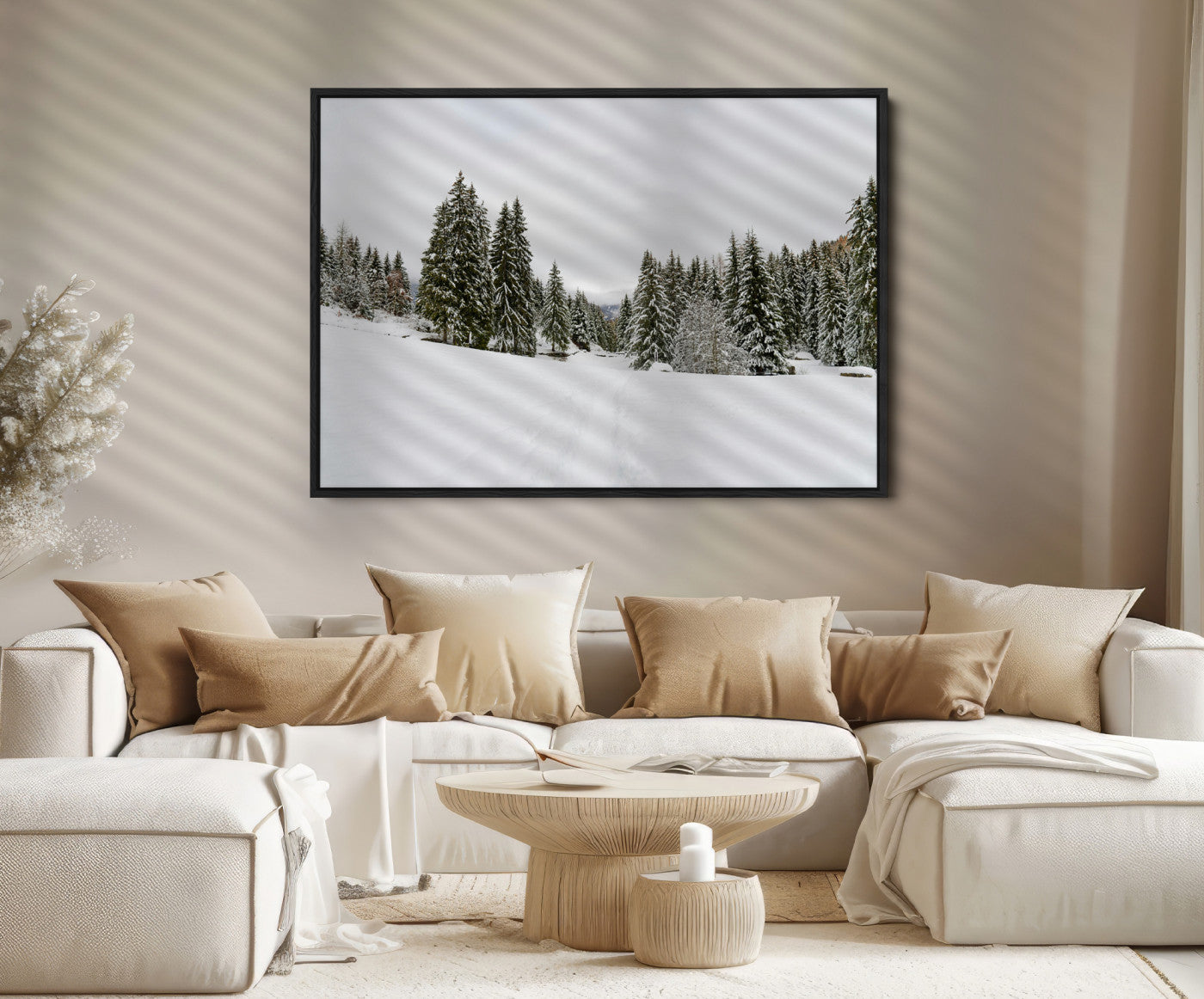 24581417-MGV-FC-36X24_Black-Frosty Pines Wall Art Canvas Print, Silent Snowfall Print, Framed Cozy Cabin Vibes Art Print, Large Rustic Woodland Escape Printing