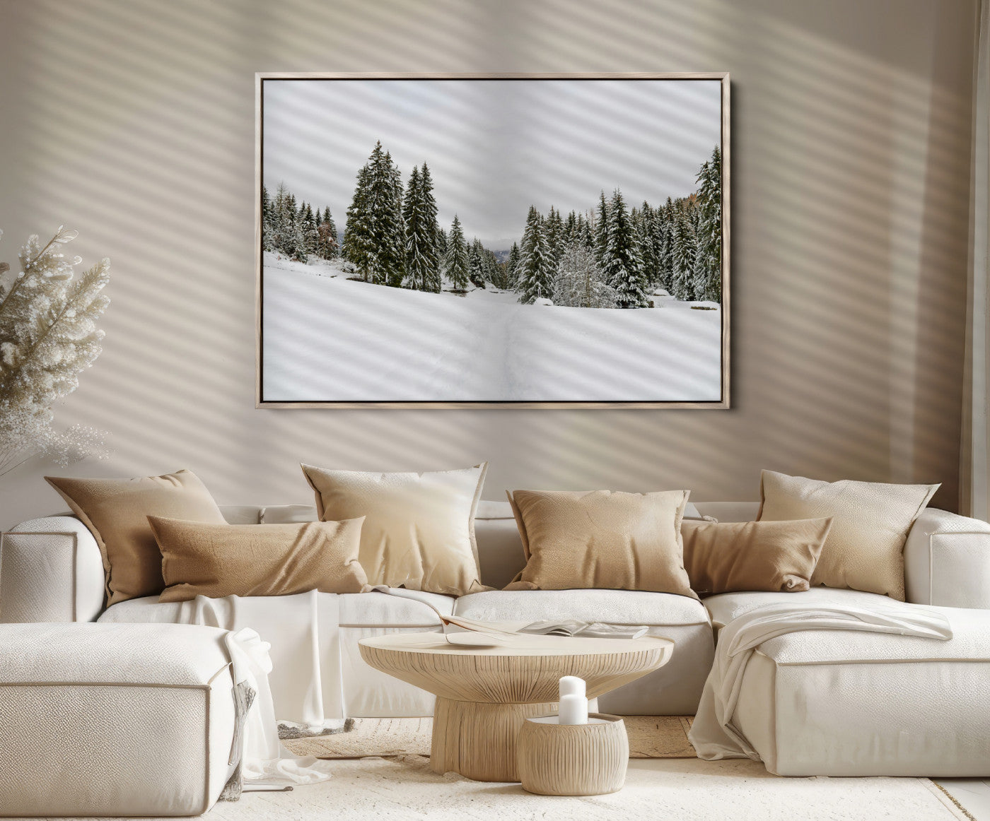 24581417-MGV-FC-36X24_Natural-Frosty Pines Wall Art Canvas Print, Silent Snowfall Print, Framed Cozy Cabin Vibes Art Print, Large Rustic Woodland Escape Printing
