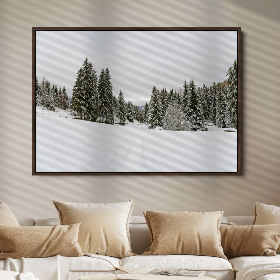 Frosty Pines Wall Art Canvas Print, Silent Snowfall Print, Framed Cozy Cabin Vibes Art Print, Large Rustic Woodland Escape Printing
