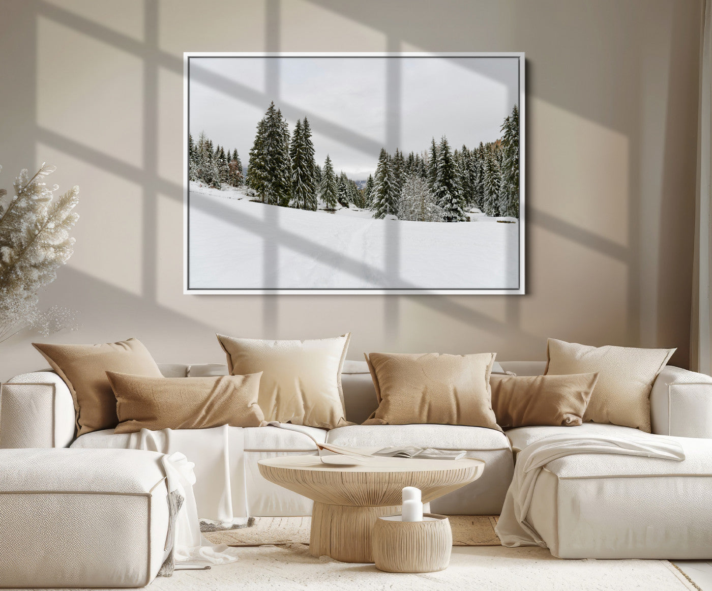 24581417-MGV-FC-36X24_White-Frosty Pines Wall Art Canvas Print, Silent Snowfall Print, Framed Cozy Cabin Vibes Art Print, Large Rustic Woodland Escape Printing