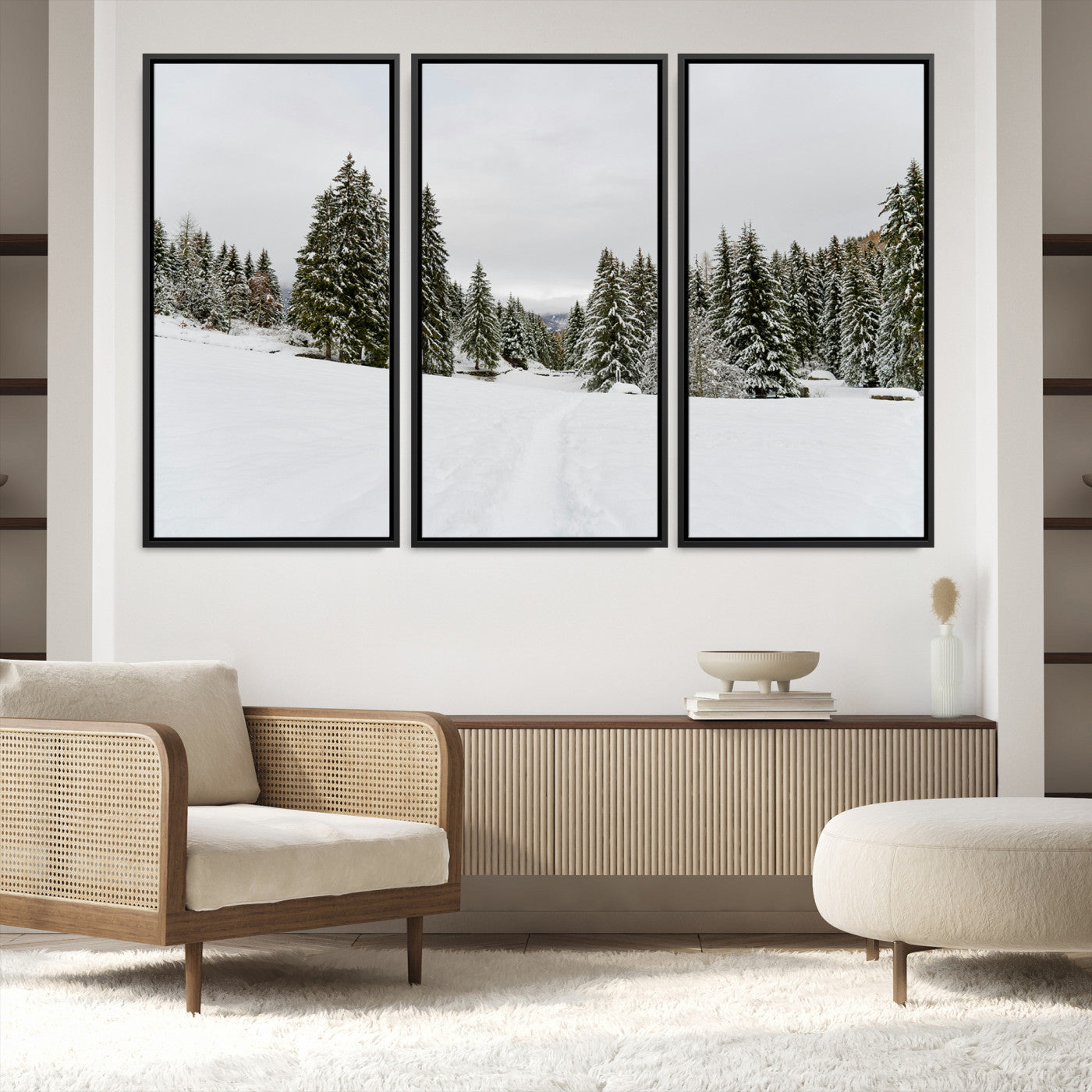 24581417-MGV-FC-48X32-3P_Black-Frosty Pines Wall Art Canvas Print, Silent Snowfall Print, Framed Cozy Cabin Vibes Art Print, Large Rustic Woodland Escape Printing