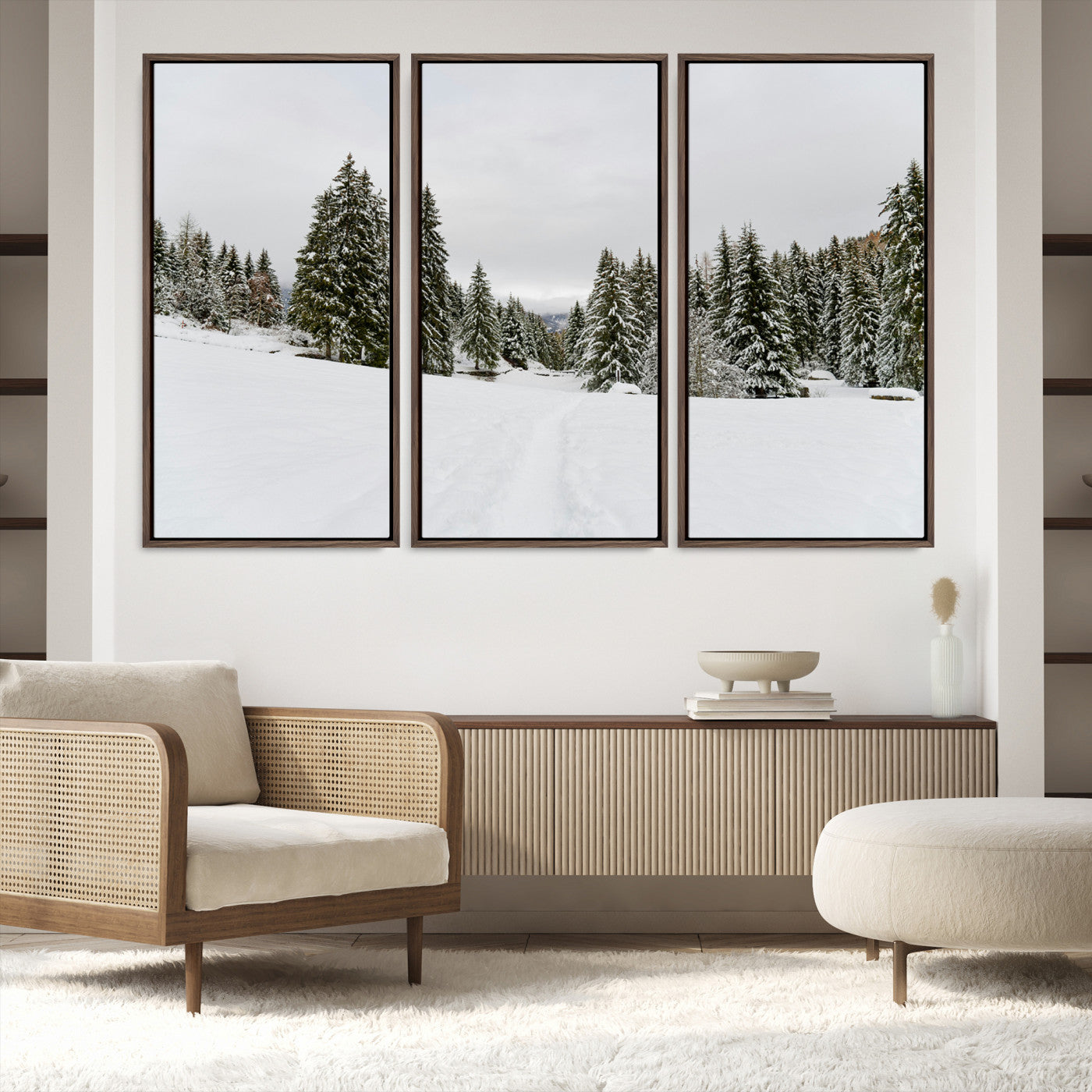 24581417-MGV-FC-48X32-3P_Walnut-Frosty Pines Wall Art Canvas Print, Silent Snowfall Print, Framed Cozy Cabin Vibes Art Print, Large Rustic Woodland Escape Printing