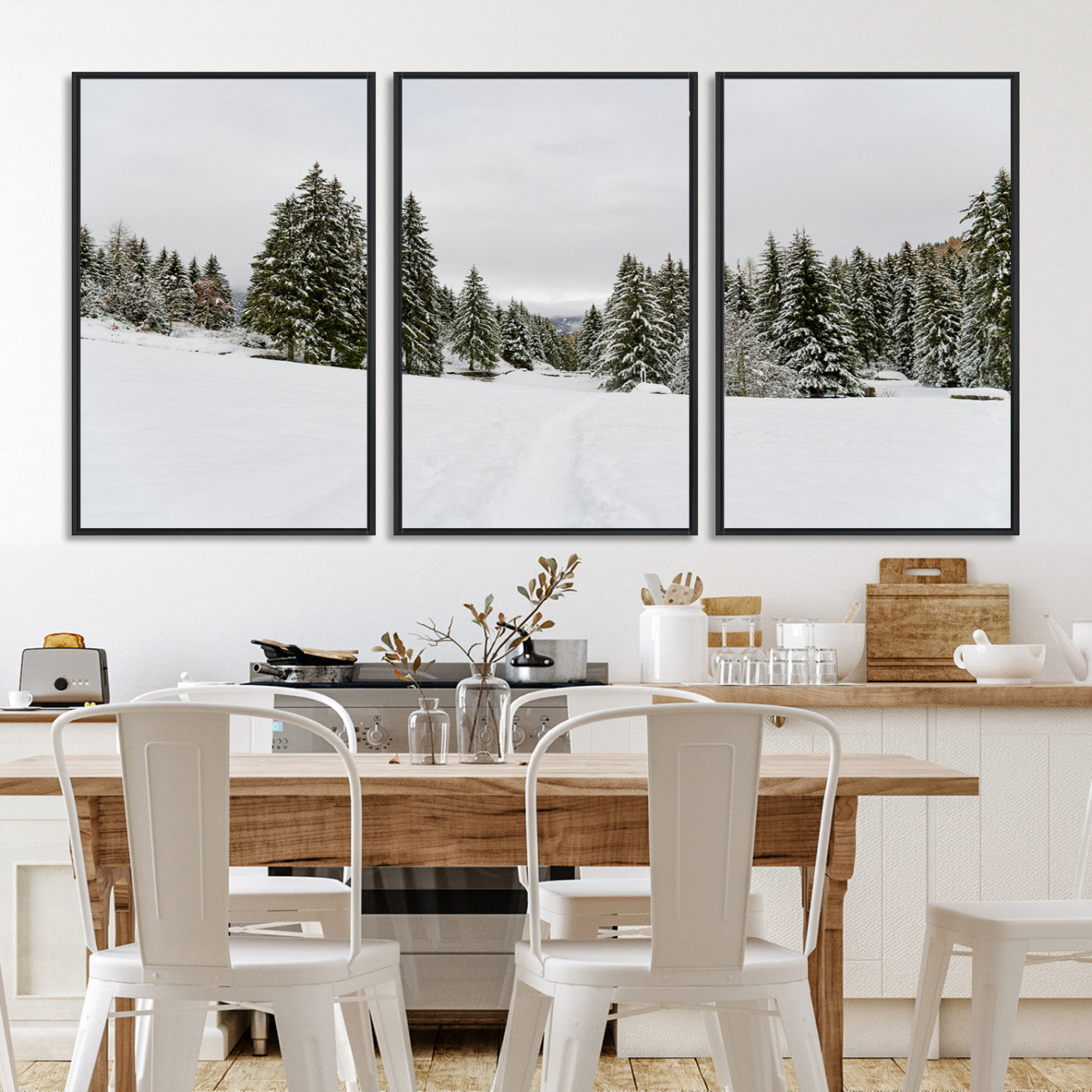 24581417-MGV-FC-60X30-3P_Black-Frosty Pines Wall Art Canvas Print, Silent Snowfall Print, Framed Cozy Cabin Vibes Art Print, Large Rustic Woodland Escape Printing