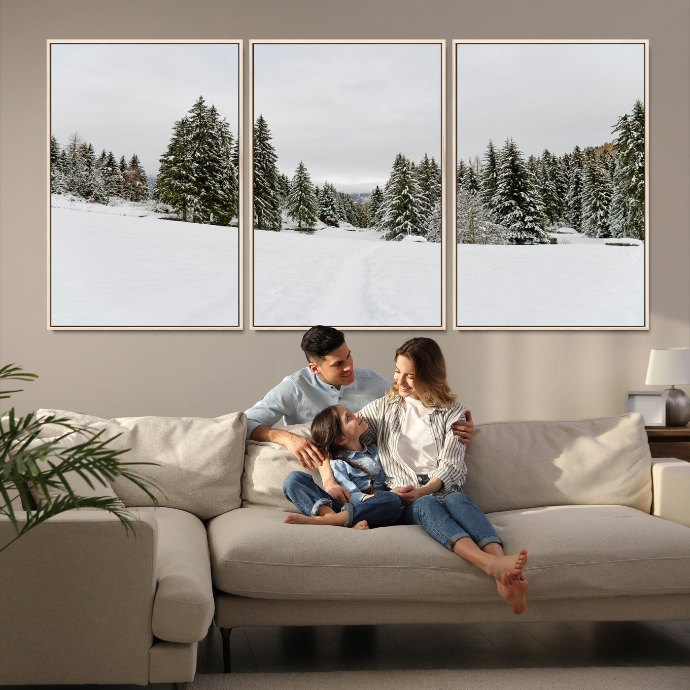 24581417-MGV-FC-60X30-3P_Natural-Frosty Pines Wall Art Canvas Print, Silent Snowfall Print, Framed Cozy Cabin Vibes Art Print, Large Rustic Woodland Escape Printing