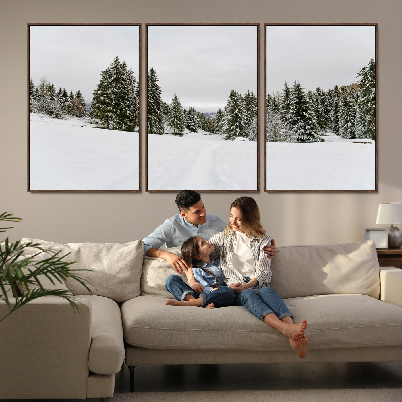 24581417-MGV-FC-60X30-3P_Walnut-Frosty Pines Wall Art Canvas Print, Silent Snowfall Print, Framed Cozy Cabin Vibes Art Print, Large Rustic Woodland Escape Printing