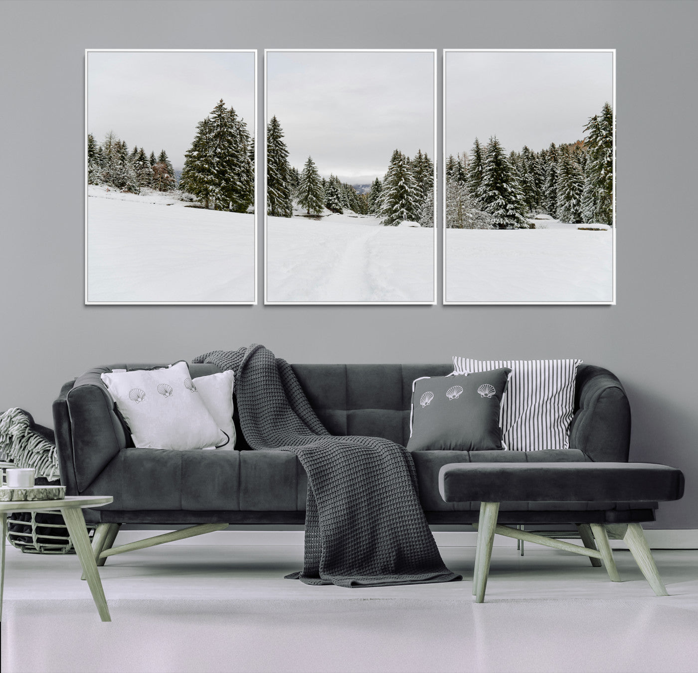 24581417-MGV-FC-60X30-3P_White-Frosty Pines Wall Art Canvas Print, Silent Snowfall Print, Framed Cozy Cabin Vibes Art Print, Large Rustic Woodland Escape Printing