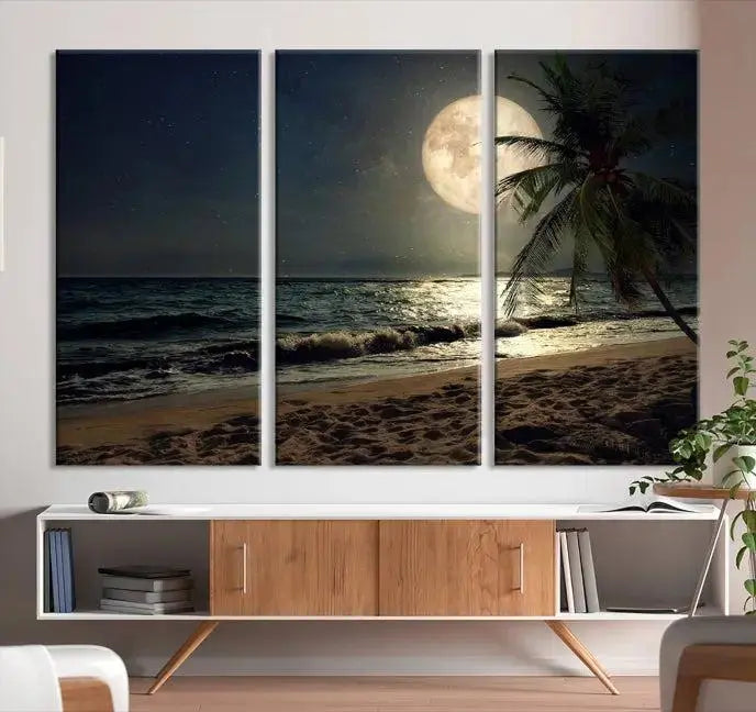 The Full Moon Night Beach Wall Art Canvas Print elegantly enhances the space. This museum-quality piece is gallery wrapped to capture every detail and is coated with UV protection for added durability.