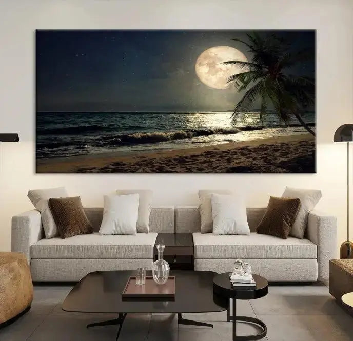 The Full Moon Night Beach Wall Art Canvas Print elegantly enhances the space. This museum-quality piece is gallery wrapped to capture every detail and is coated with UV protection for added durability.