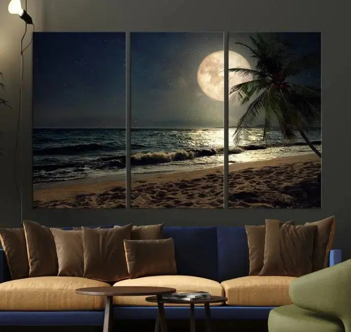 The Full Moon Night Beach Wall Art Canvas Print elegantly enhances the space. This museum-quality piece is gallery wrapped to capture every detail and is coated with UV protection for added durability.