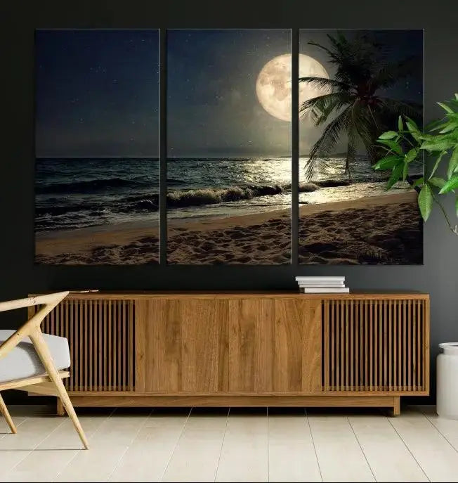 The Full Moon Night Beach Wall Art Canvas Print elegantly enhances the space. This museum-quality piece is gallery wrapped to capture every detail and is coated with UV protection for added durability.