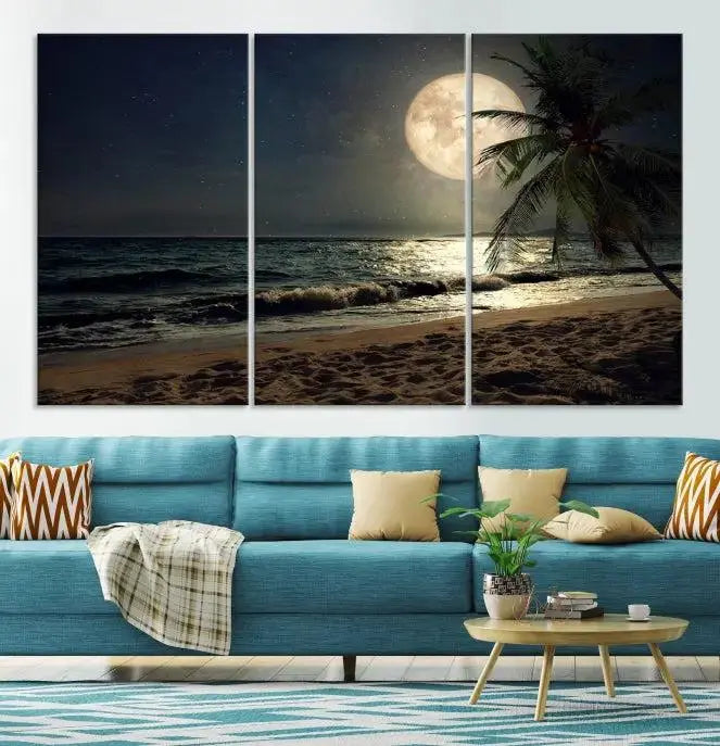 The Full Moon Night Beach Wall Art Canvas Print elegantly enhances the space. This museum-quality piece is gallery wrapped to capture every detail and is coated with UV protection for added durability.