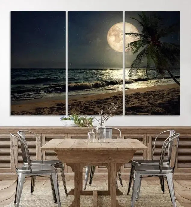 The Full Moon Night Beach Wall Art Canvas Print elegantly enhances the space. This museum-quality piece is gallery wrapped to capture every detail and is coated with UV protection for added durability.