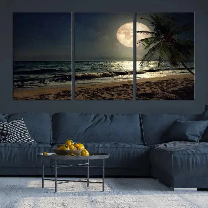 The Full Moon Night Beach Wall Art Canvas Print elegantly enhances the space. This museum-quality piece is gallery wrapped to capture every detail and is coated with UV protection for added durability.