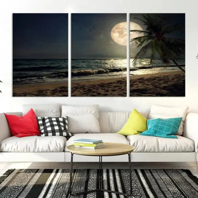 The Full Moon Night Beach Wall Art Canvas Print elegantly enhances the space. This museum-quality piece is gallery wrapped to capture every detail and is coated with UV protection for added durability.