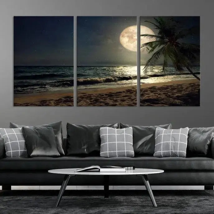 The Full Moon Night Beach Wall Art Canvas Print elegantly enhances the space. This museum-quality piece is gallery wrapped to capture every detail and is coated with UV protection for added durability.