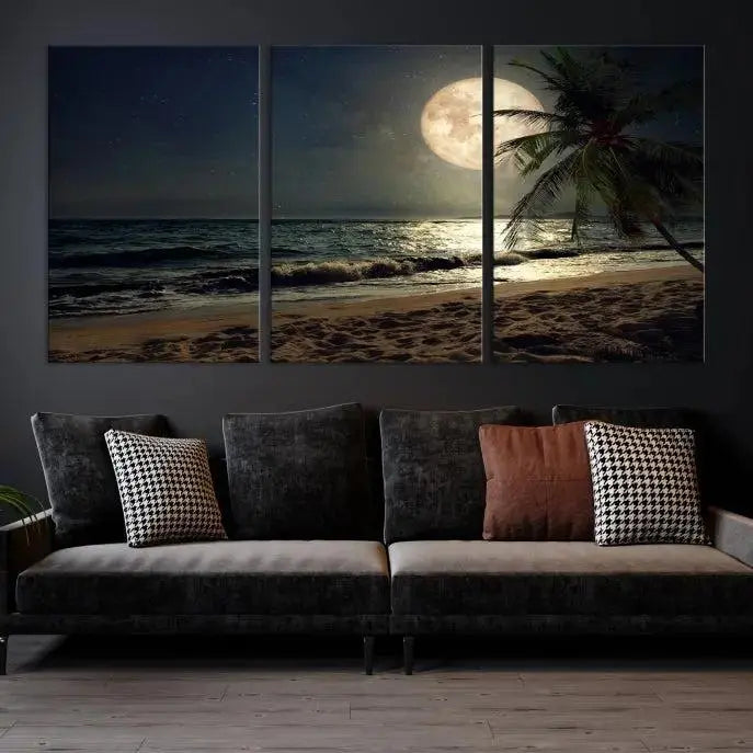 The Full Moon Night Beach Wall Art Canvas Print elegantly enhances the space. This museum-quality piece is gallery wrapped to capture every detail and is coated with UV protection for added durability.