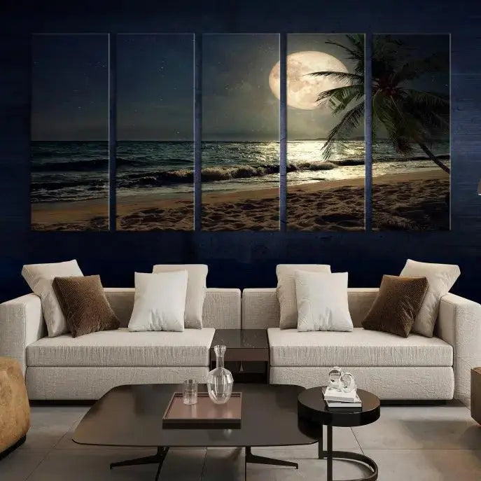 The Full Moon Night Beach Wall Art Canvas Print elegantly enhances the space. This museum-quality piece is gallery wrapped to capture every detail and is coated with UV protection for added durability.