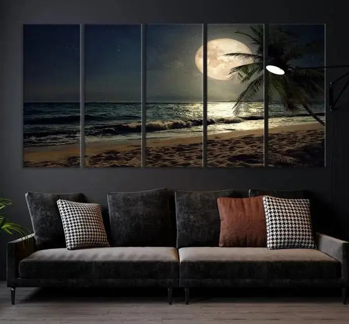 The Full Moon Night Beach Wall Art Canvas Print elegantly enhances the space. This museum-quality piece is gallery wrapped to capture every detail and is coated with UV protection for added durability.