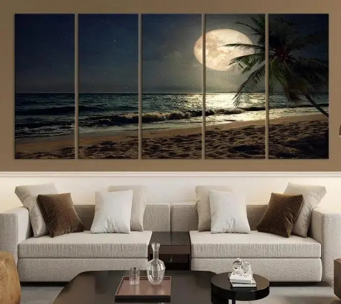 The Full Moon Night Beach Wall Art Canvas Print elegantly enhances the space. This museum-quality piece is gallery wrapped to capture every detail and is coated with UV protection for added durability.