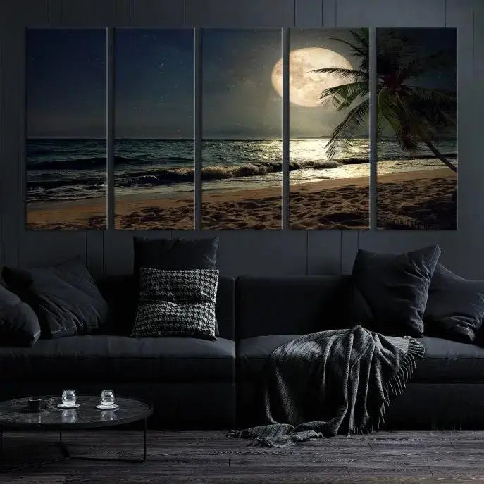 The Full Moon Night Beach Wall Art Canvas Print elegantly enhances the space. This museum-quality piece is gallery wrapped to capture every detail and is coated with UV protection for added durability.