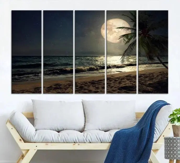 The Full Moon Night Beach Wall Art Canvas Print elegantly enhances the space. This museum-quality piece is gallery wrapped to capture every detail and is coated with UV protection for added durability.