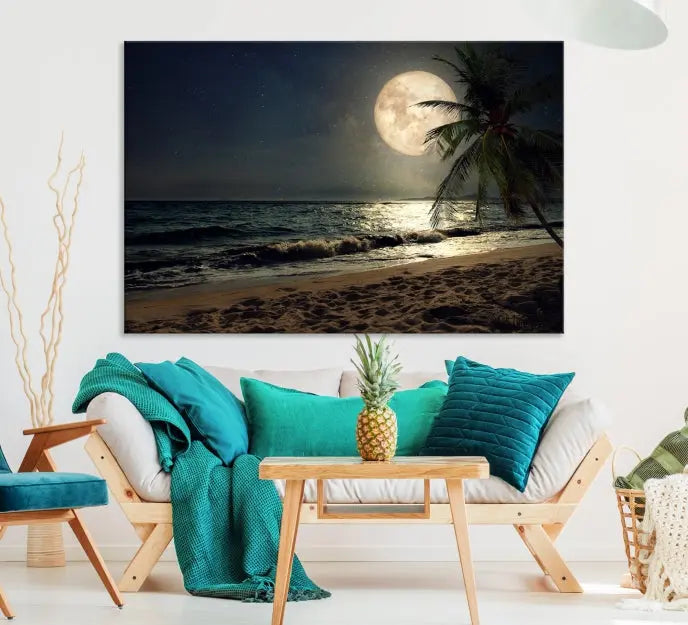 The Full Moon Night Beach Wall Art Canvas Print elegantly enhances the space. This museum-quality piece is gallery wrapped to capture every detail and is coated with UV protection for added durability.