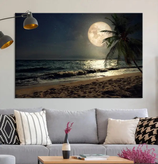 The Full Moon Night Beach Wall Art Canvas Print elegantly enhances the space. This museum-quality piece is gallery wrapped to capture every detail and is coated with UV protection for added durability.