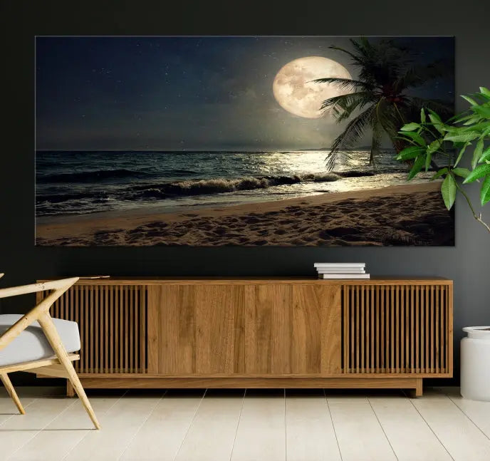 The Full Moon Night Beach Wall Art Canvas Print elegantly enhances the space. This museum-quality piece is gallery wrapped to capture every detail and is coated with UV protection for added durability.