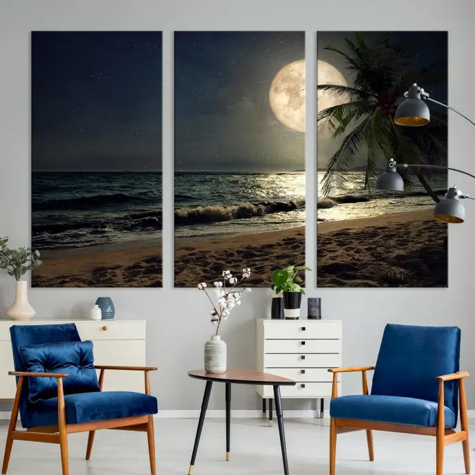 The Full Moon Night Beach Wall Art Canvas Print elegantly enhances the space. This museum-quality piece is gallery wrapped to capture every detail and is coated with UV protection for added durability.