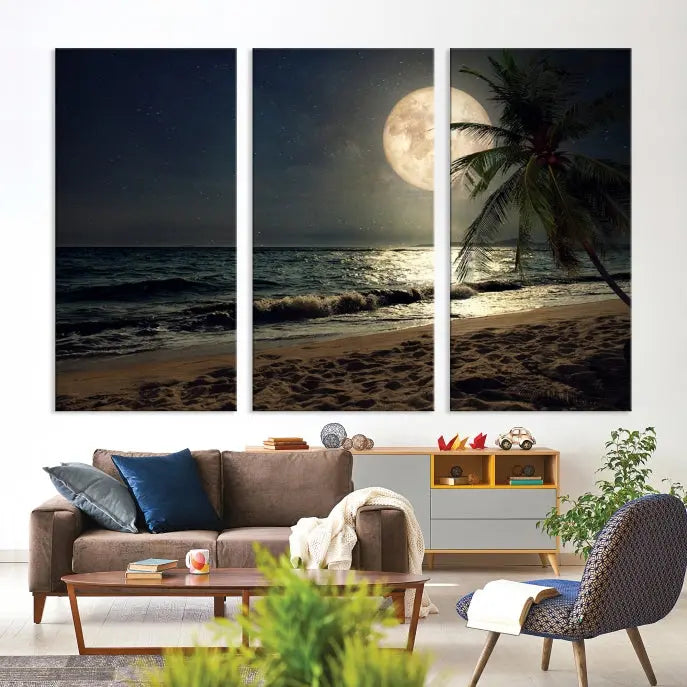 The Full Moon Night Beach Wall Art Canvas Print elegantly enhances the space. This museum-quality piece is gallery wrapped to capture every detail and is coated with UV protection for added durability.