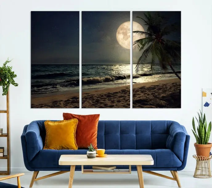 The Full Moon Night Beach Wall Art Canvas Print elegantly enhances the space. This museum-quality piece is gallery wrapped to capture every detail and is coated with UV protection for added durability.