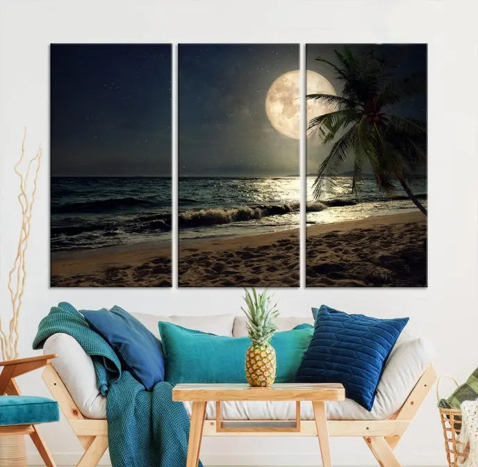 The Full Moon Night Beach Wall Art Canvas Print elegantly enhances the space. This museum-quality piece is gallery wrapped to capture every detail and is coated with UV protection for added durability.