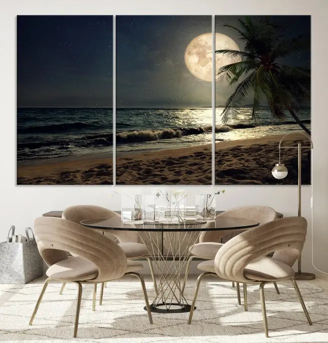 The Full Moon Night Beach Wall Art Canvas Print elegantly enhances the space. This museum-quality piece is gallery wrapped to capture every detail and is coated with UV protection for added durability.