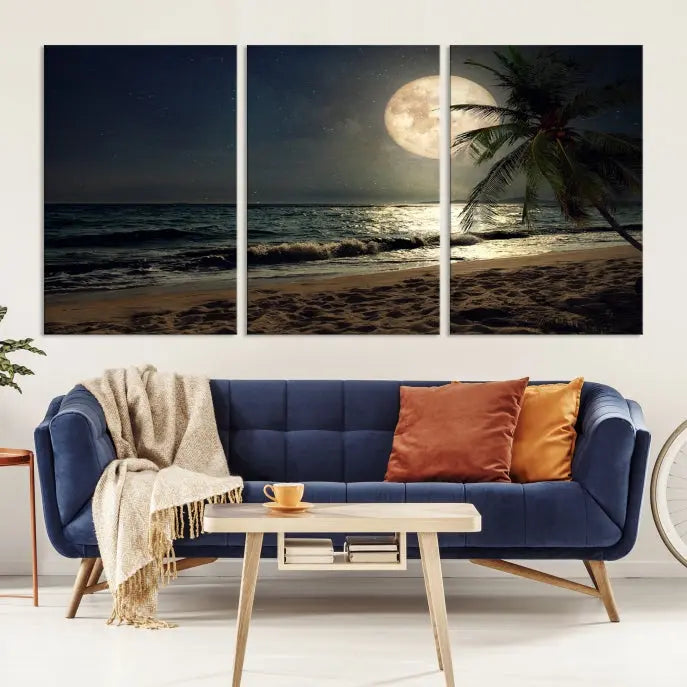 The Full Moon Night Beach Wall Art Canvas Print elegantly enhances the space. This museum-quality piece is gallery wrapped to capture every detail and is coated with UV protection for added durability.